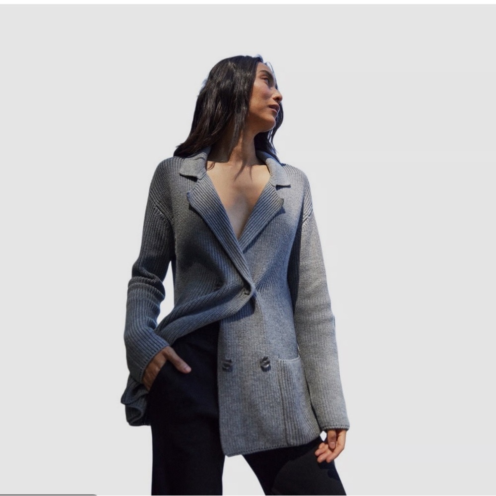 MONROW Double Breasted Knit cardigan blazer sweater women’s S Gray OldMoney $285